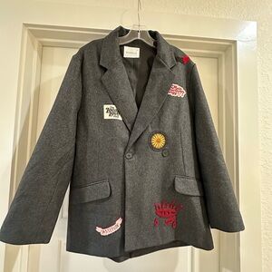 Gray Blazer with Embroidered Patches